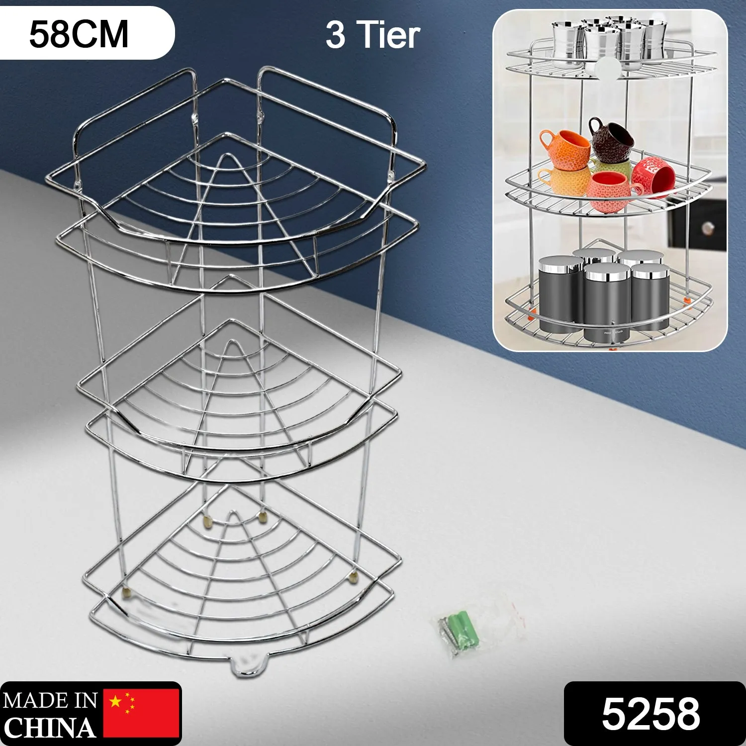 5258 Multipurpose Stainless Steel Silver Multi-3 Tier Corner Storage Rack