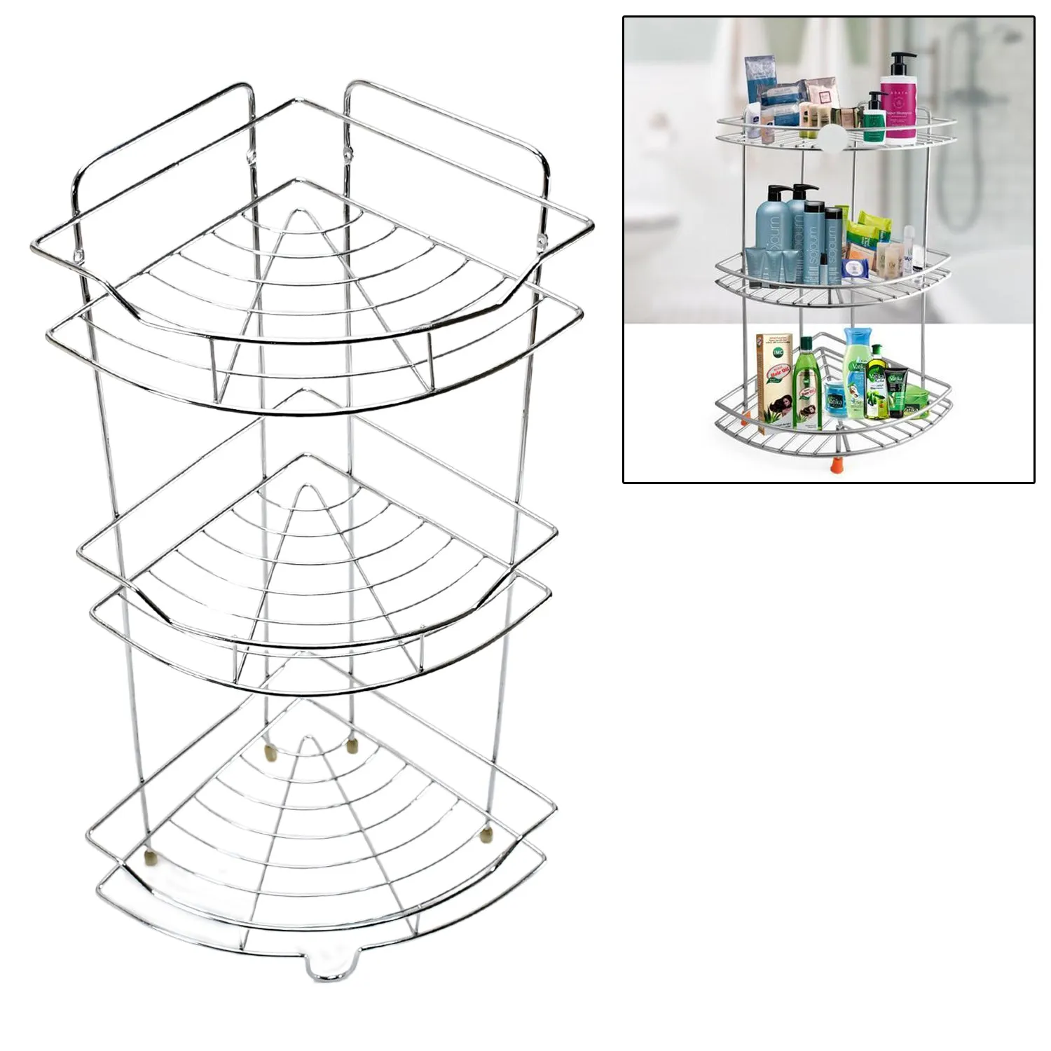 5258 Multipurpose Stainless Steel Silver Multi-3 Tier Corner Storage Rack