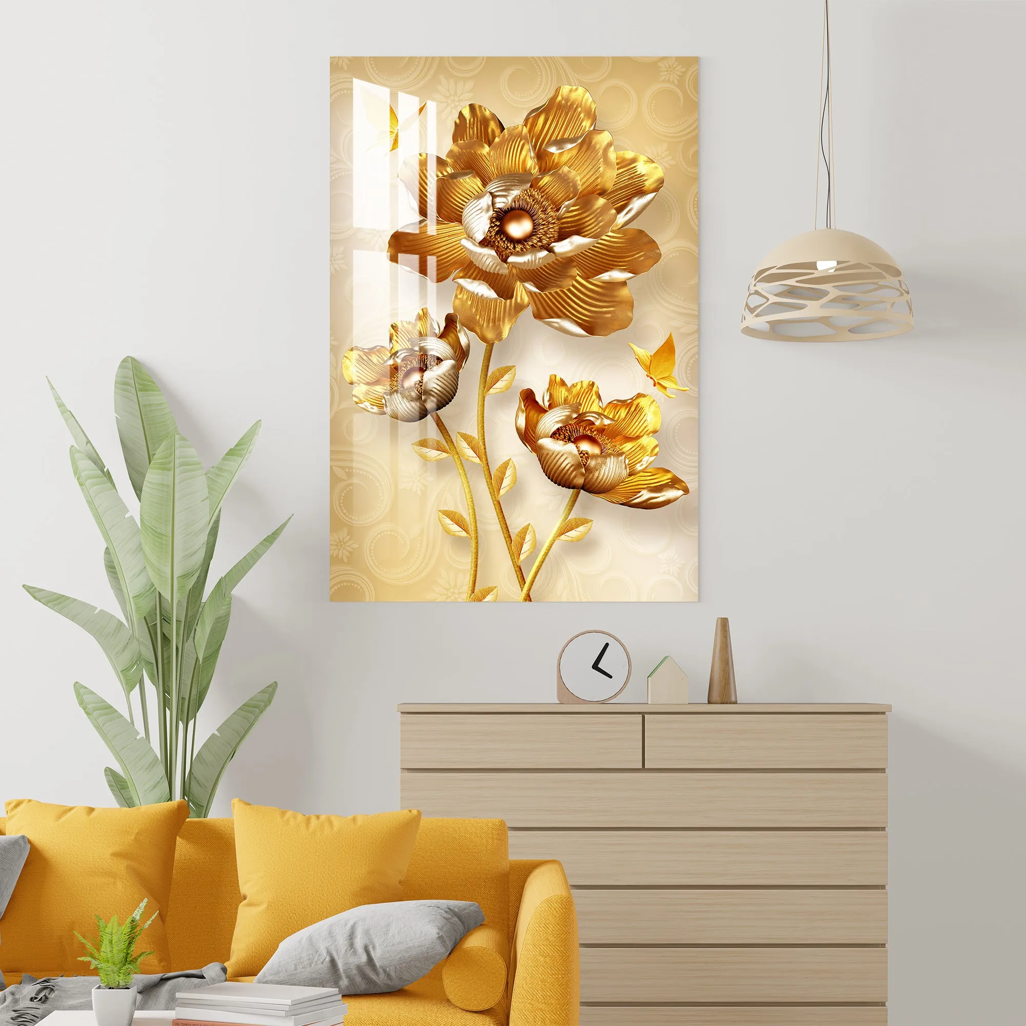 Attractive Golden Flowers Acrylic Wall Art
