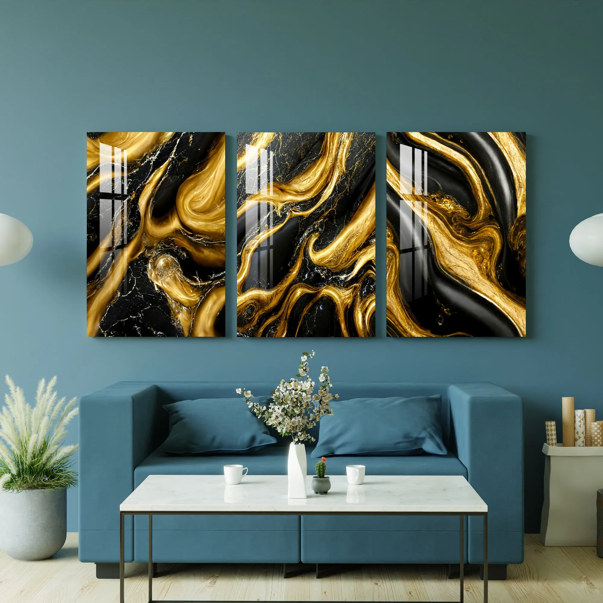 Black & Golden Liquid Marble Acrylic Wall Art (Set of 3)