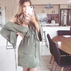 Flared Sleeve Lace up Knitted Dress