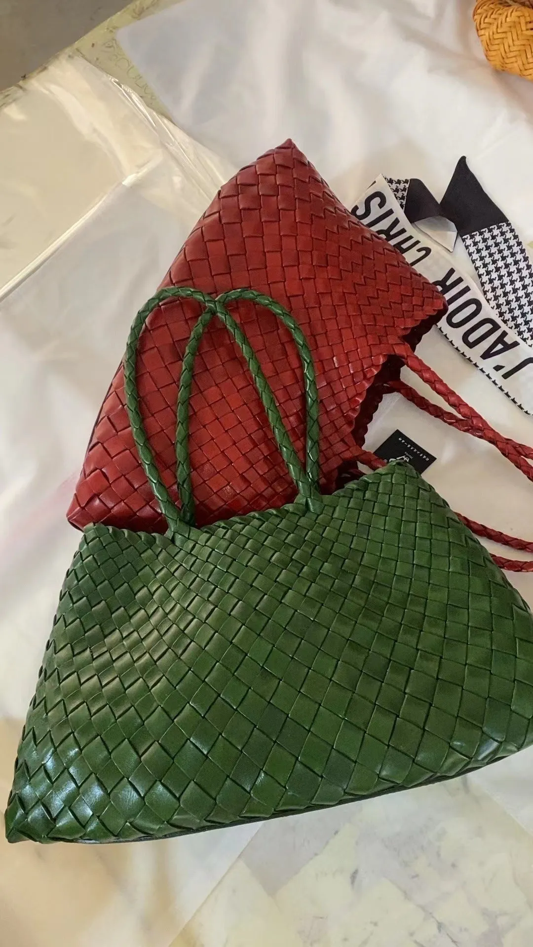 French Food Basket Cowhide Woven Bag Vintage