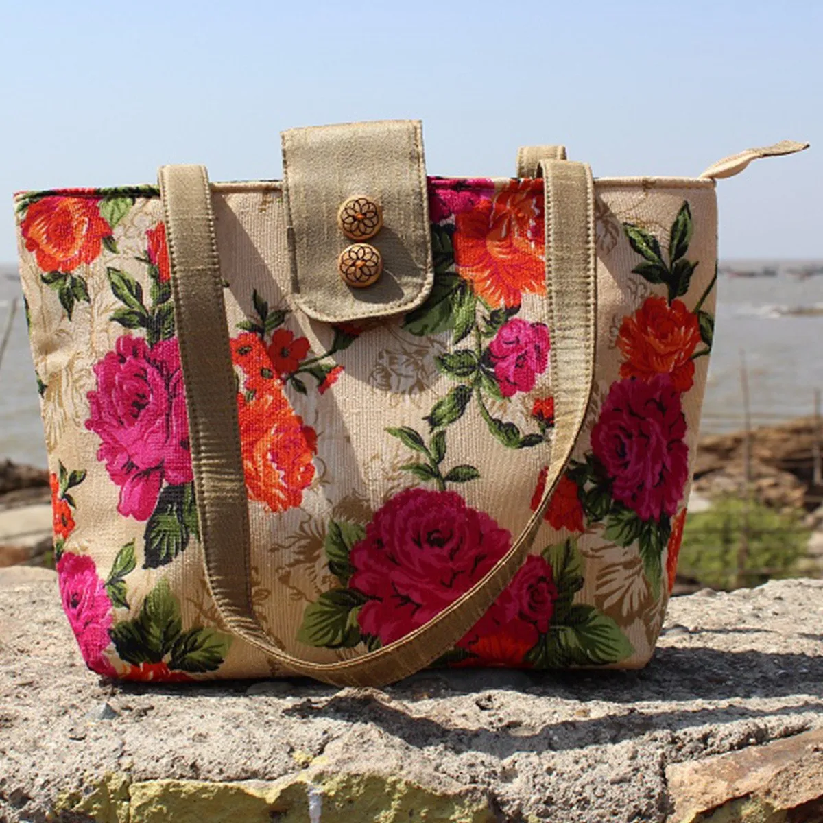 Handcrafted Floral Print Flap Shoulder Bag