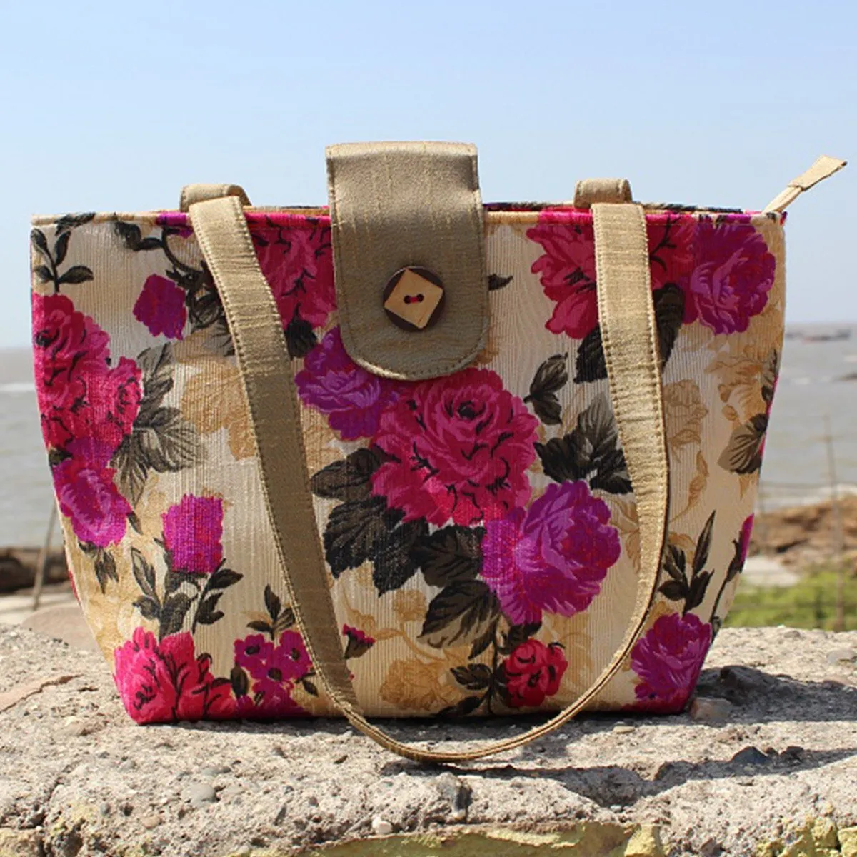 Handcrafted Floral Print Flap Shoulder Bag