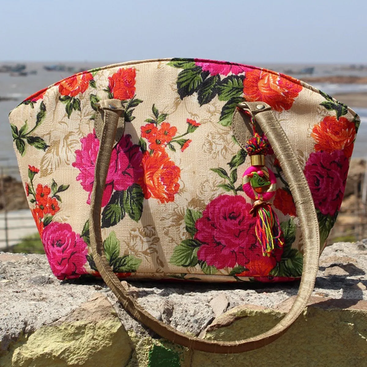 Handcrafted Floral Print Flap Shoulder Bag