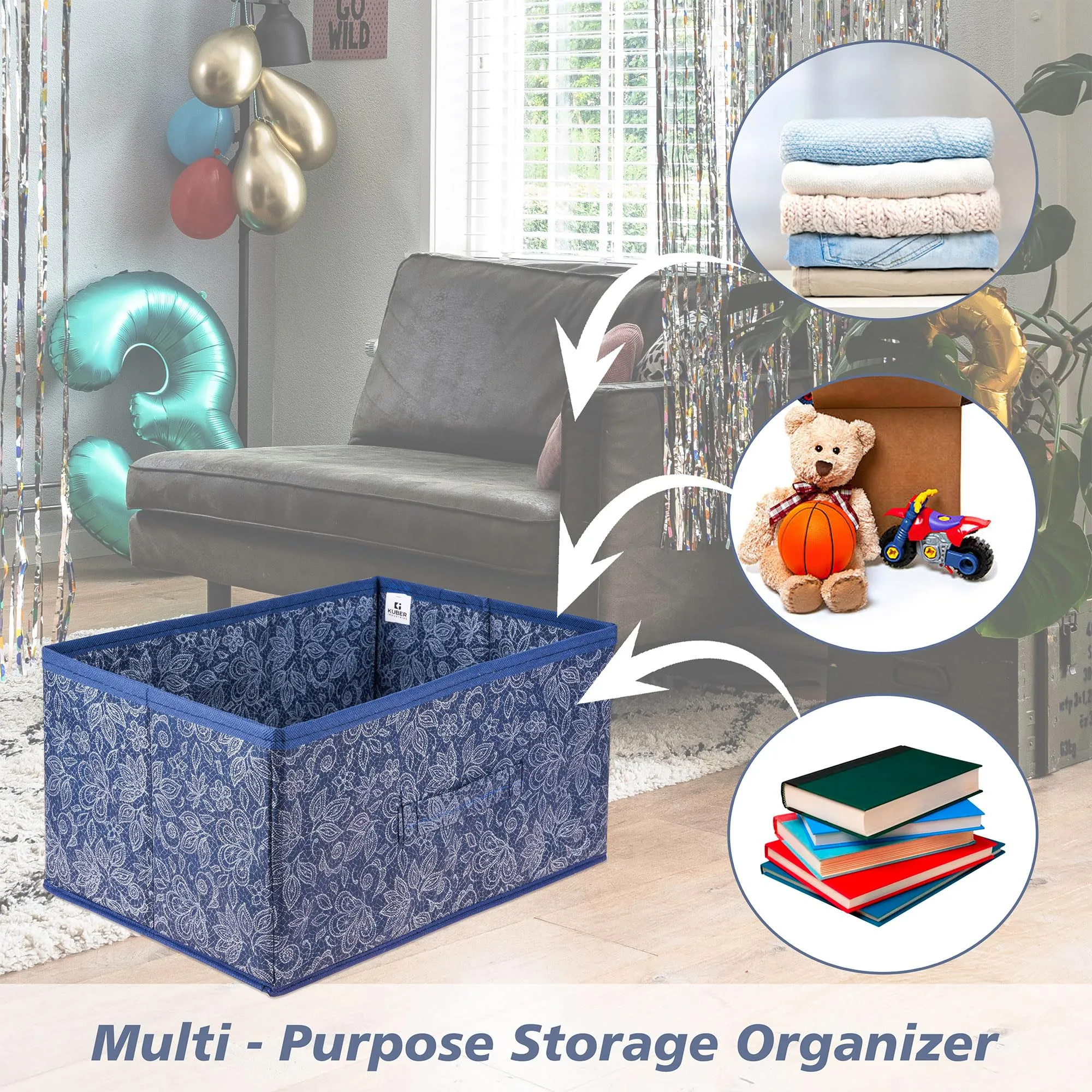 Kuber Industries Drawer Storage Box | Storage Bin for Clothes | Wardrobe Organizer for Books | Closet Box with Handle | Non-Woven Storage Box | Flower Printed Storage Box | Navy Blue