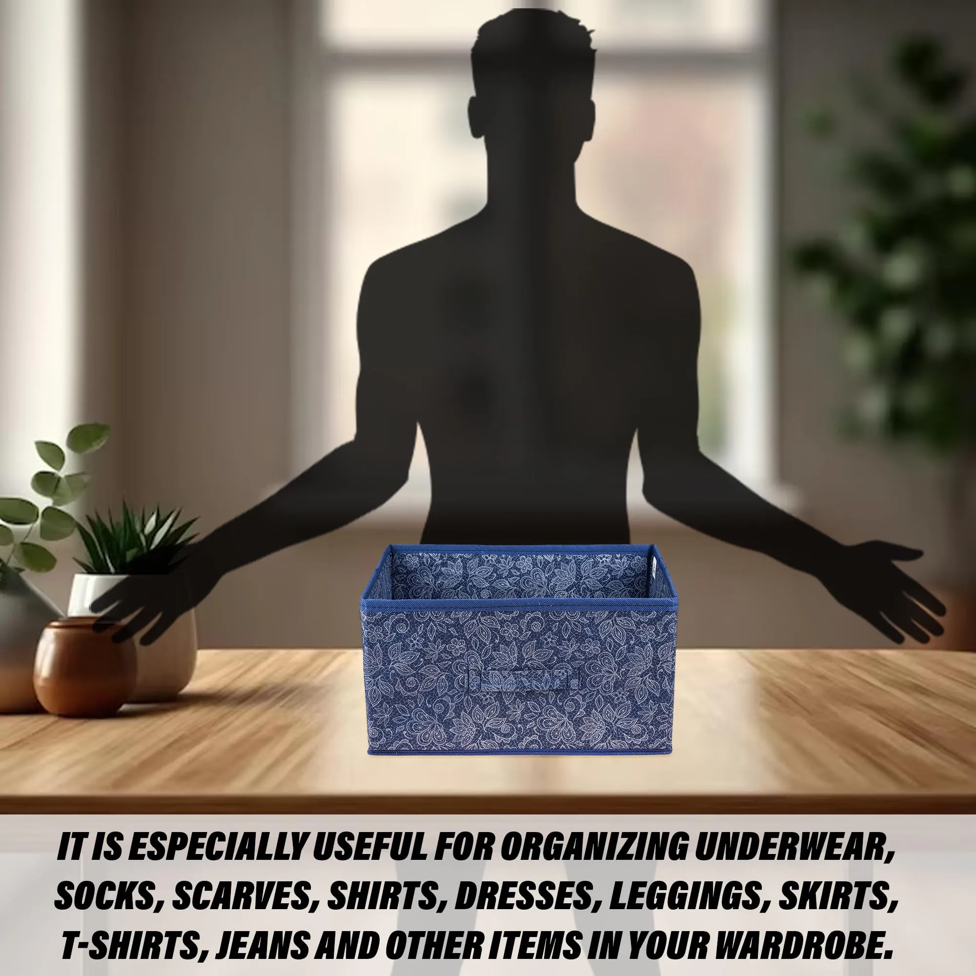Kuber Industries Drawer Storage Box | Storage Bin for Clothes | Wardrobe Organizer for Books | Closet Box with Handle | Non-Woven Storage Box | Flower Printed Storage Box | Navy Blue