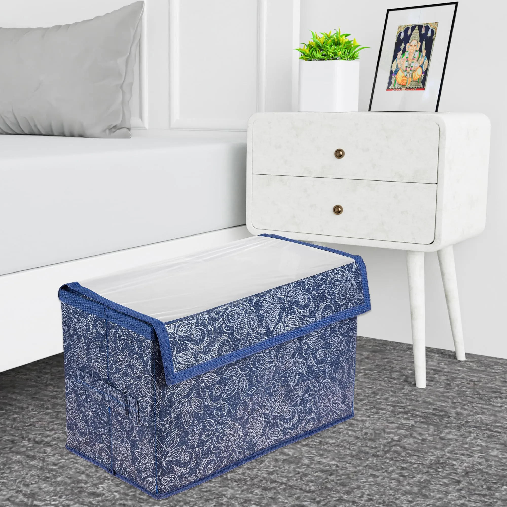 Kuber Industries Drawer Storage Box|Clothes Drawer Organizer with Handle|Transparent Lid with Velcro|Wardrobe Organizer for Books|Flower Printed Dhakkan Storage Box|Large|Navy Blue