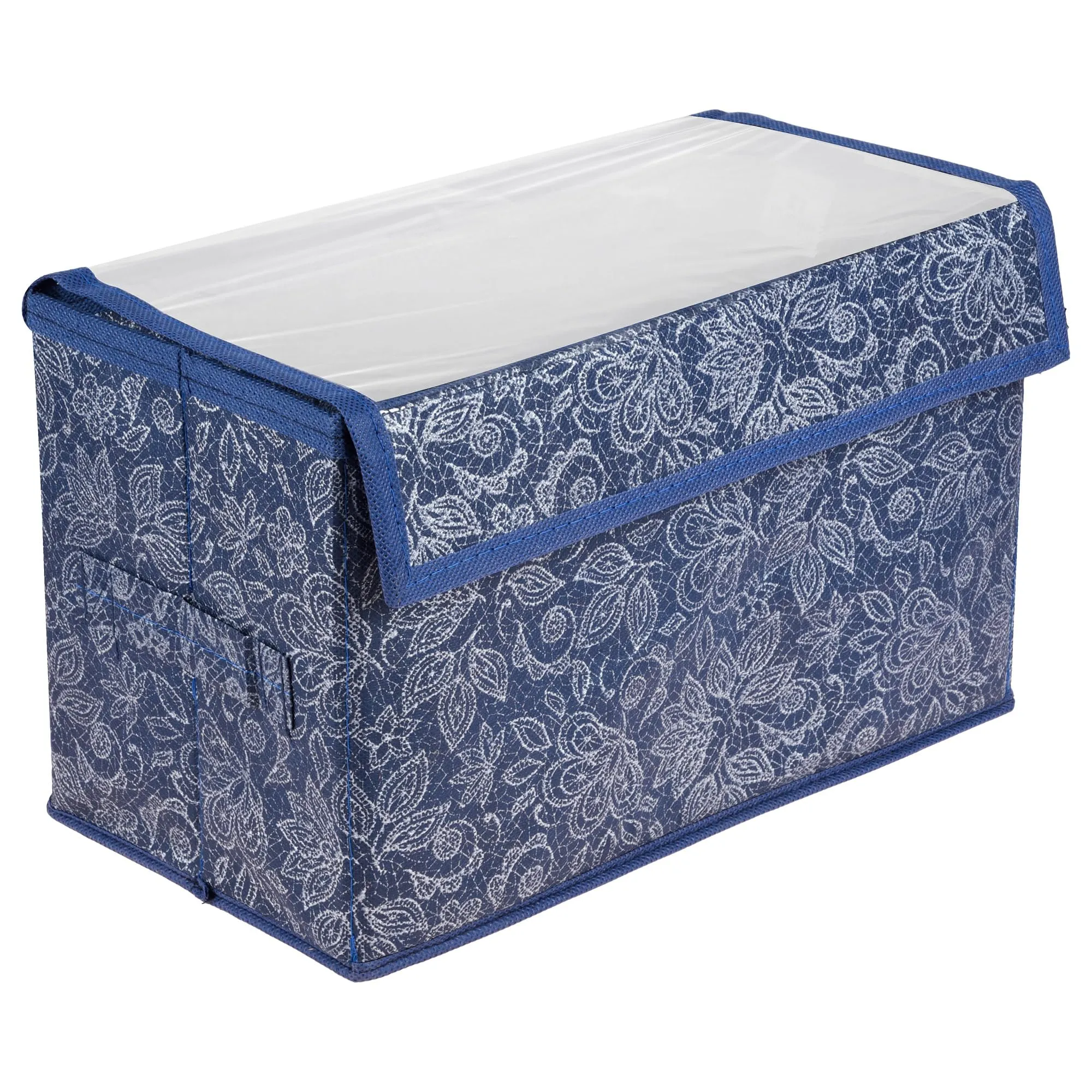 Kuber Industries Drawer Storage Box|Clothes Drawer Organizer with Handle|Transparent Lid with Velcro|Wardrobe Organizer for Books|Flower Printed Dhakkan Storage Box|Large|Navy Blue