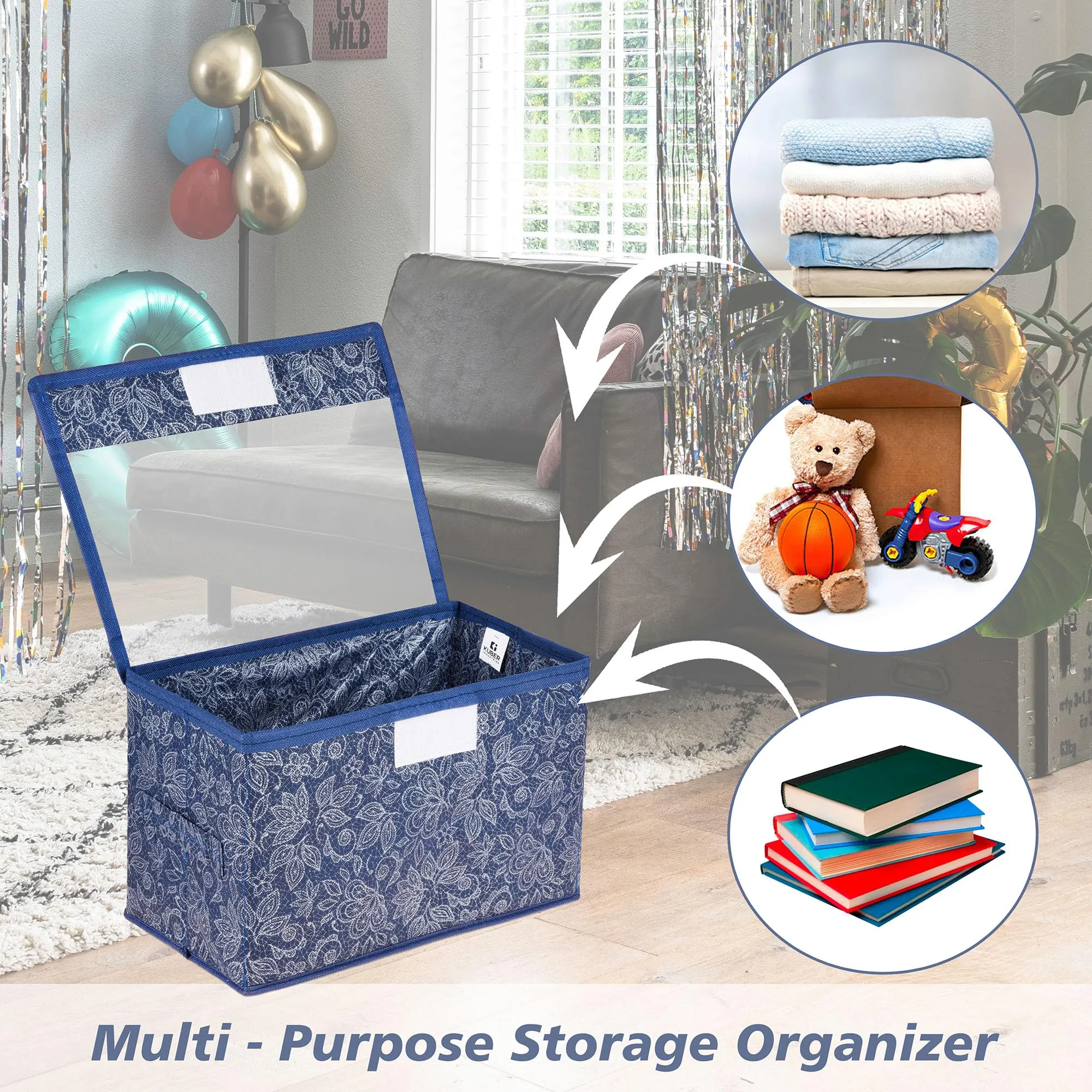 Kuber Industries Drawer Storage Box|Clothes Drawer Organizer with Handle|Transparent Lid with Velcro|Wardrobe Organizer for Books|Flower Printed Dhakkan Storage Box|Large|Navy Blue