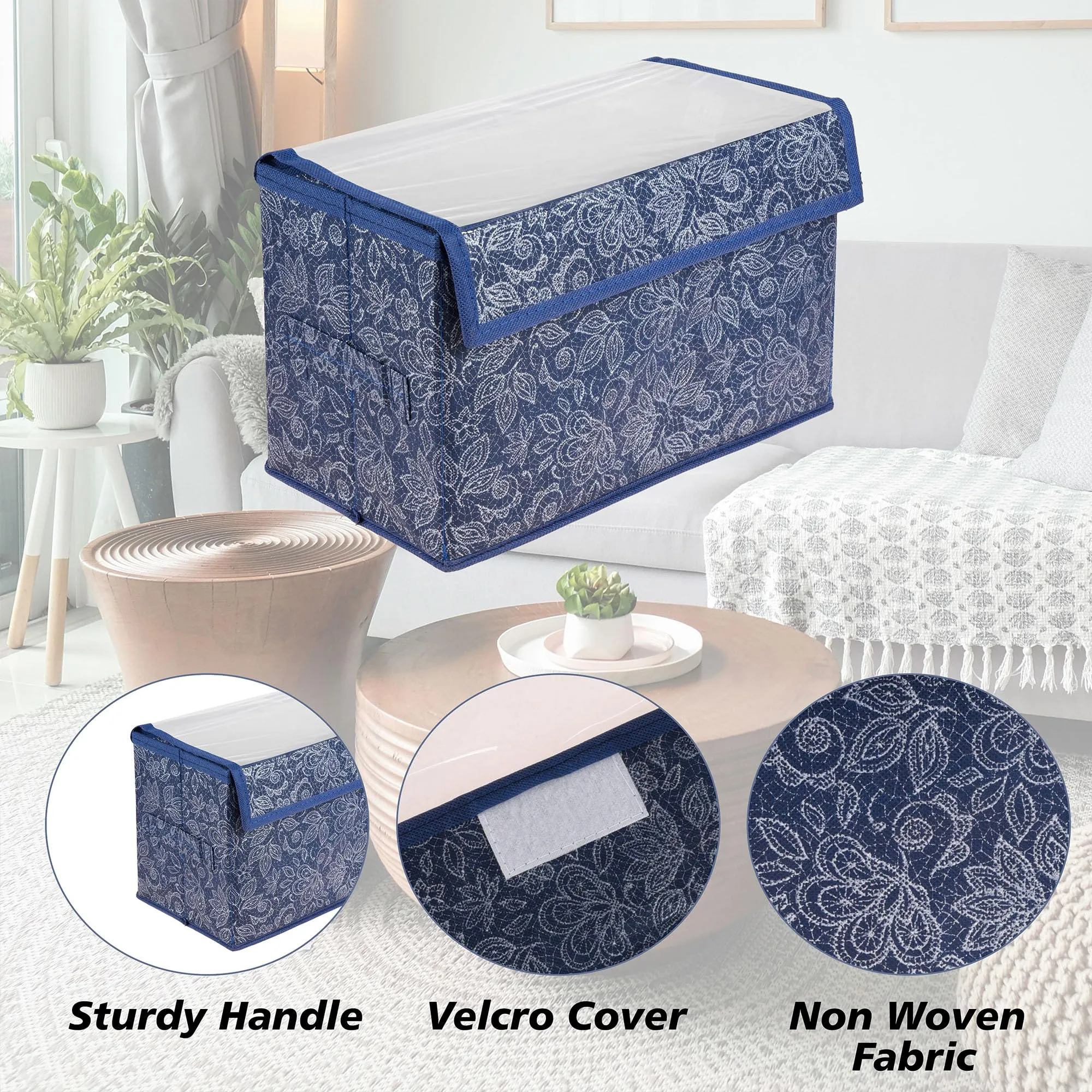 Kuber Industries Drawer Storage Box|Clothes Drawer Organizer with Handle|Transparent Lid with Velcro|Wardrobe Organizer for Books|Flower Printed Dhakkan Storage Box|Large|Navy Blue