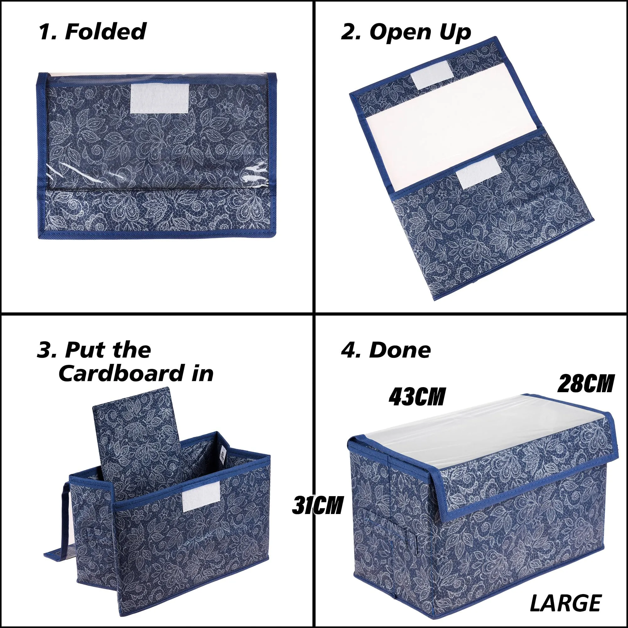 Kuber Industries Drawer Storage Box|Clothes Drawer Organizer with Handle|Transparent Lid with Velcro|Wardrobe Organizer for Books|Flower Printed Dhakkan Storage Box|Large|Navy Blue
