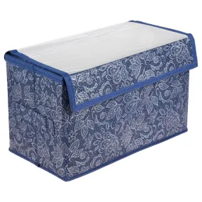 Kuber Industries Drawer Storage Box|Clothes Drawer Organizer with Handle|Transparent Lid with Velcro|Wardrobe Organizer for Books|Flower Printed Dhakkan Storage Box|Large|Navy Blue