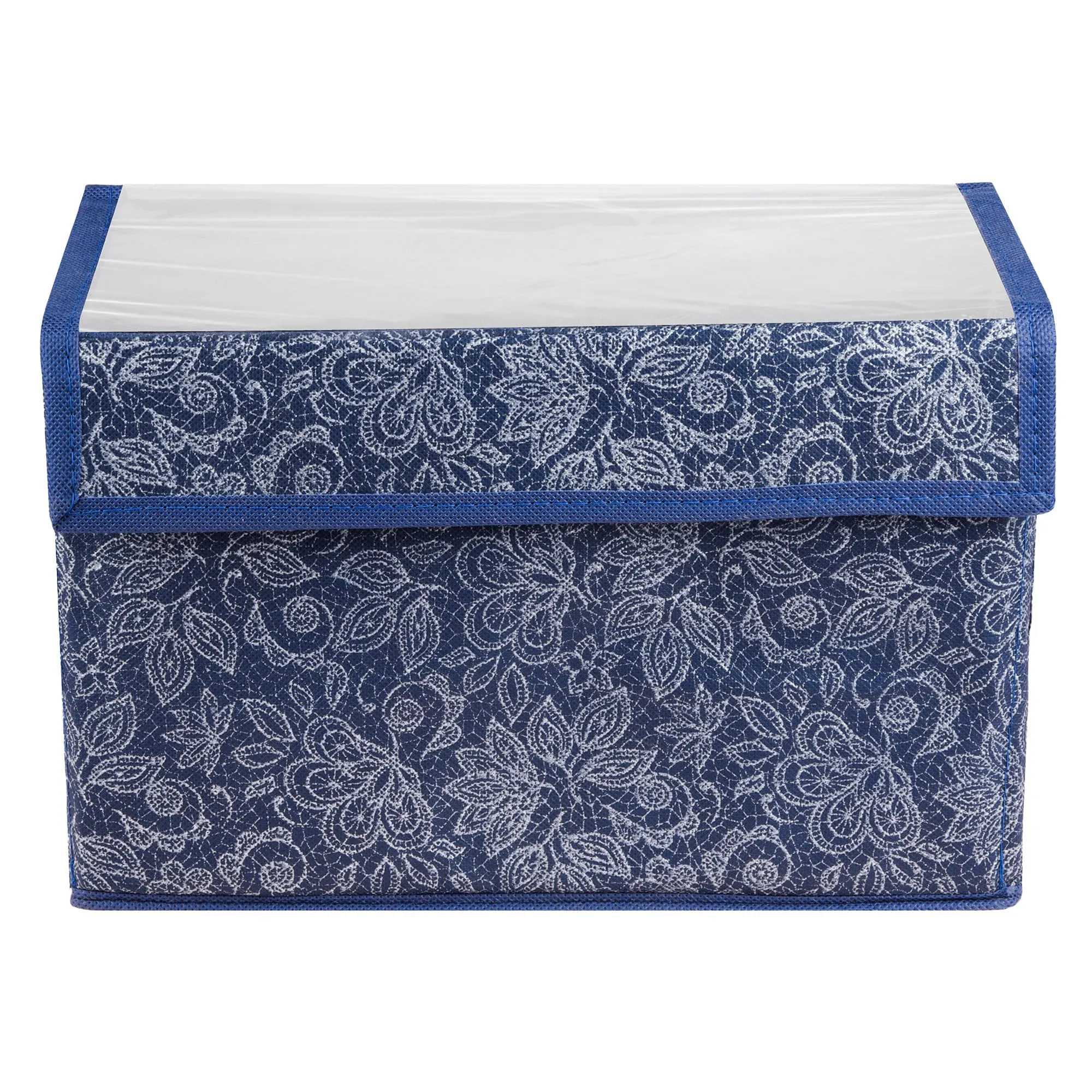 Kuber Industries Drawer Storage Box|Clothes Drawer Organizer with Handle|Transparent Lid with Velcro|Wardrobe Organizer for Books|Flower Printed Dhakkan Storage Box|Large|Navy Blue