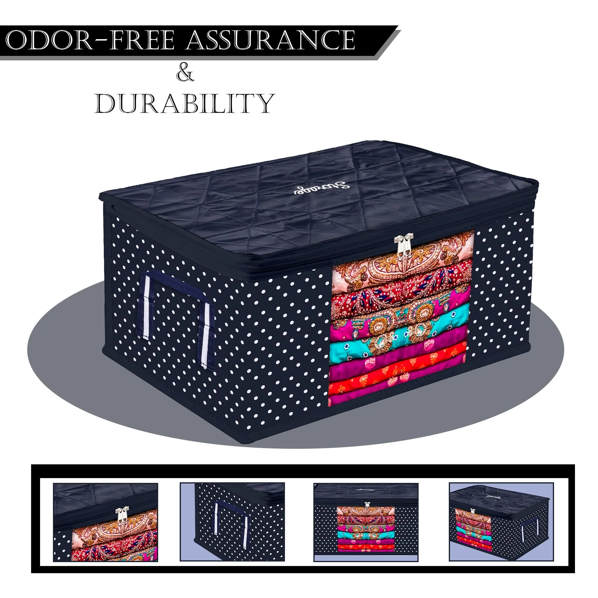 Kuber Industries Saree Cover | Zipper Closure Saree Storage Bag | Saree Organizer for Wardrobe with Handle | Transparent View Clothes Storage Bag for Lehenga | Side Dot-Design | Blue