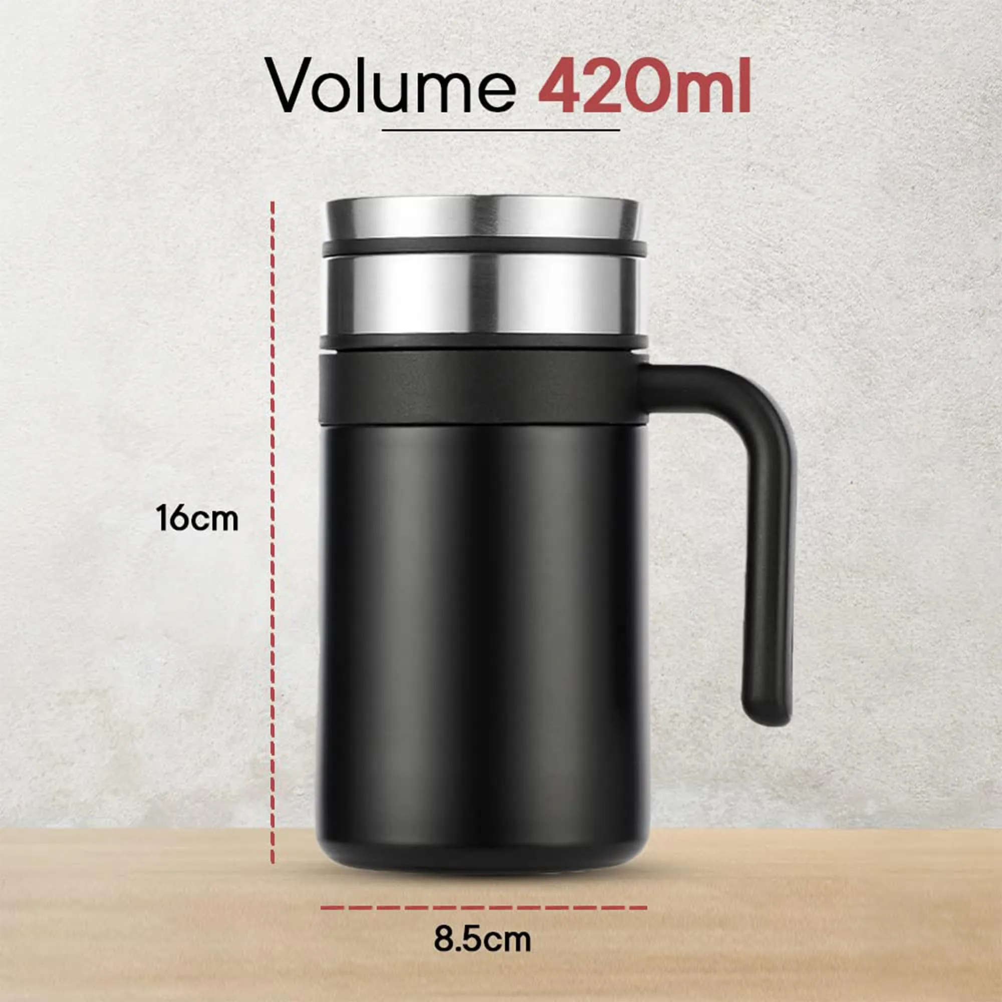 Kuber Industries Vacuum Insulated Hot & Cold Beverages Tea/Coffee Tumbler Mug with Lid & Handle for Office, Gym & Travel | Stainless Steel Leak-Proof Thermos for Coffee & Water | Black