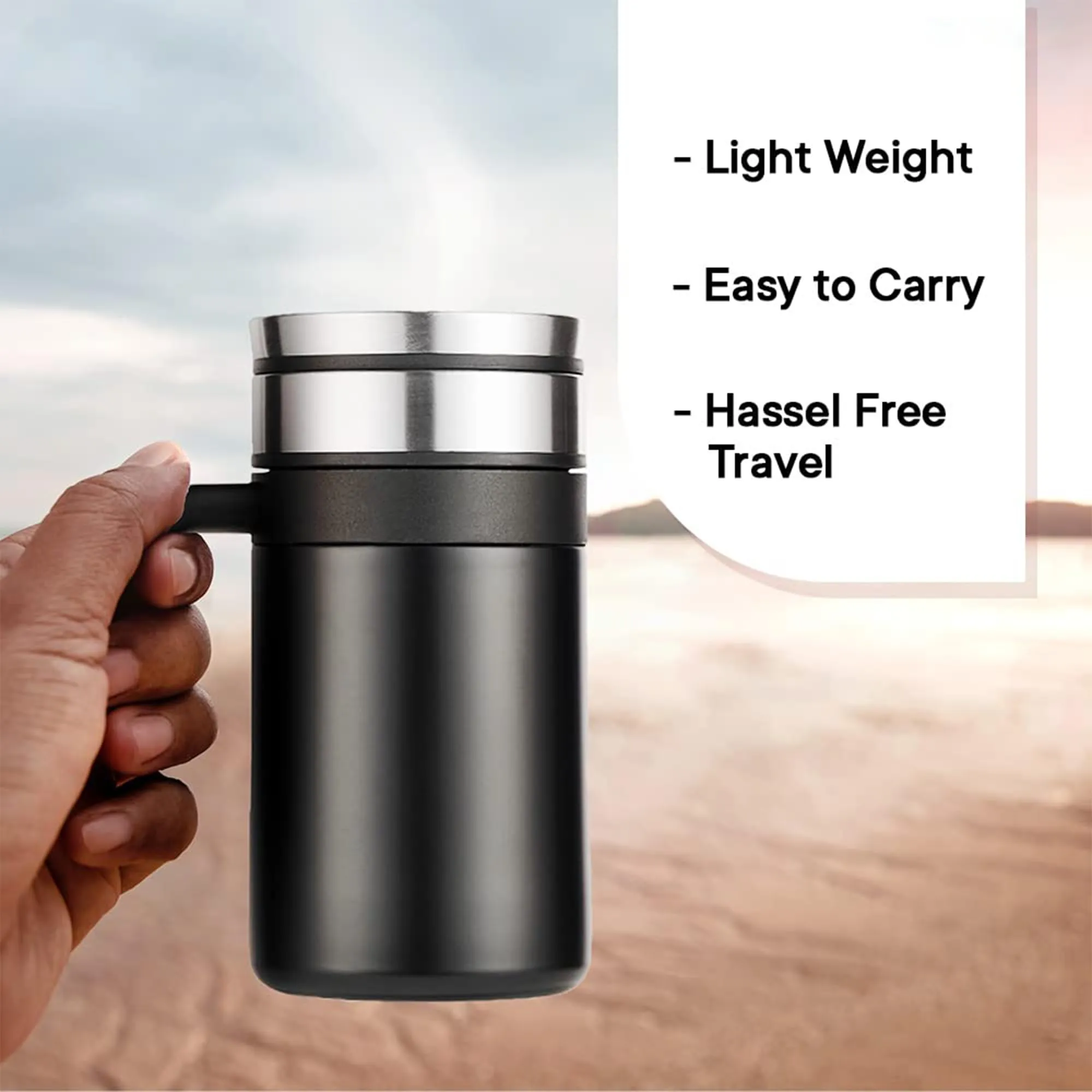 Kuber Industries Vacuum Insulated Hot & Cold Beverages Tea/Coffee Tumbler Mug with Lid & Handle for Office, Gym & Travel | Stainless Steel Leak-Proof Thermos for Coffee & Water | Black