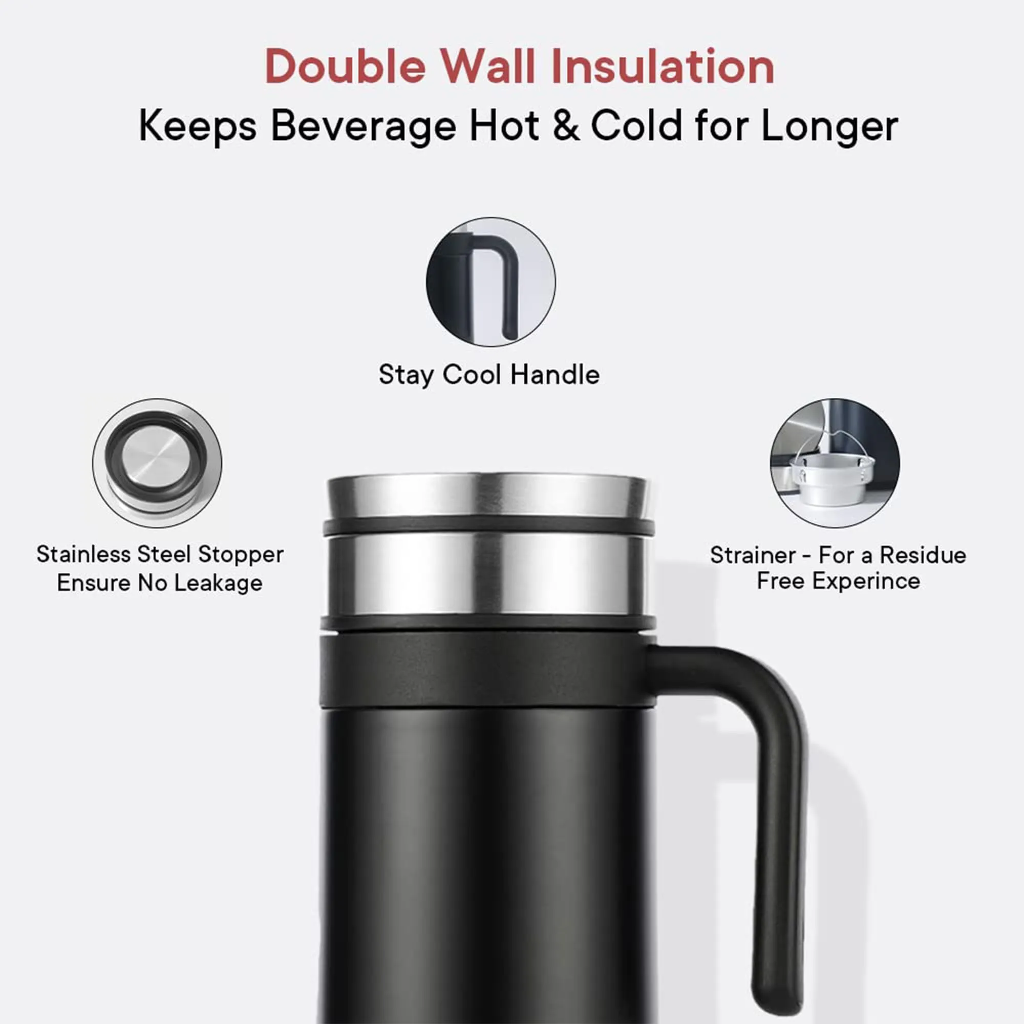 Kuber Industries Vacuum Insulated Hot & Cold Beverages Tea/Coffee Tumbler Mug with Lid & Handle for Office, Gym & Travel | Stainless Steel Leak-Proof Thermos for Coffee & Water | Black