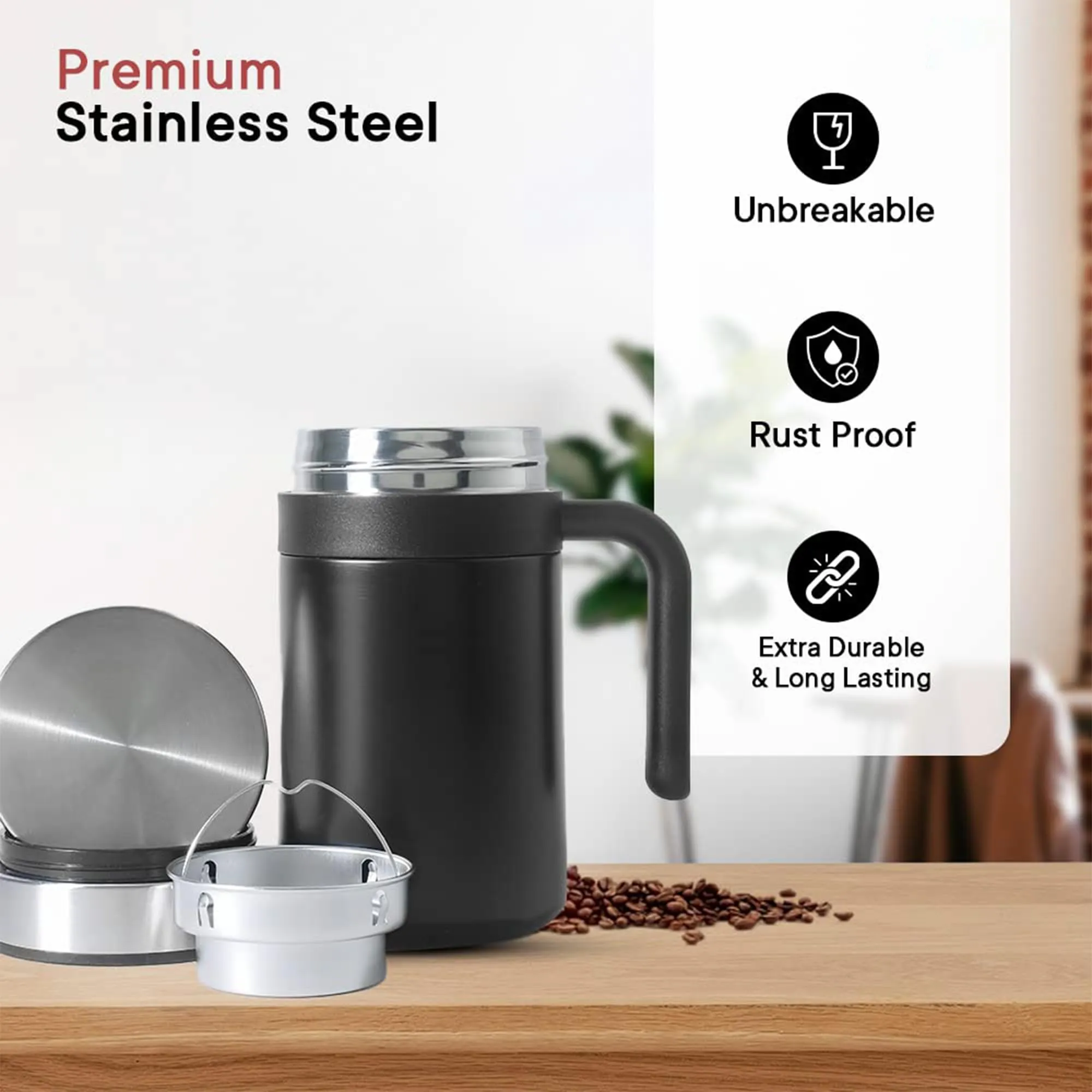 Kuber Industries Vacuum Insulated Hot & Cold Beverages Tea/Coffee Tumbler Mug with Lid & Handle for Office, Gym & Travel | Stainless Steel Leak-Proof Thermos for Coffee & Water | Black