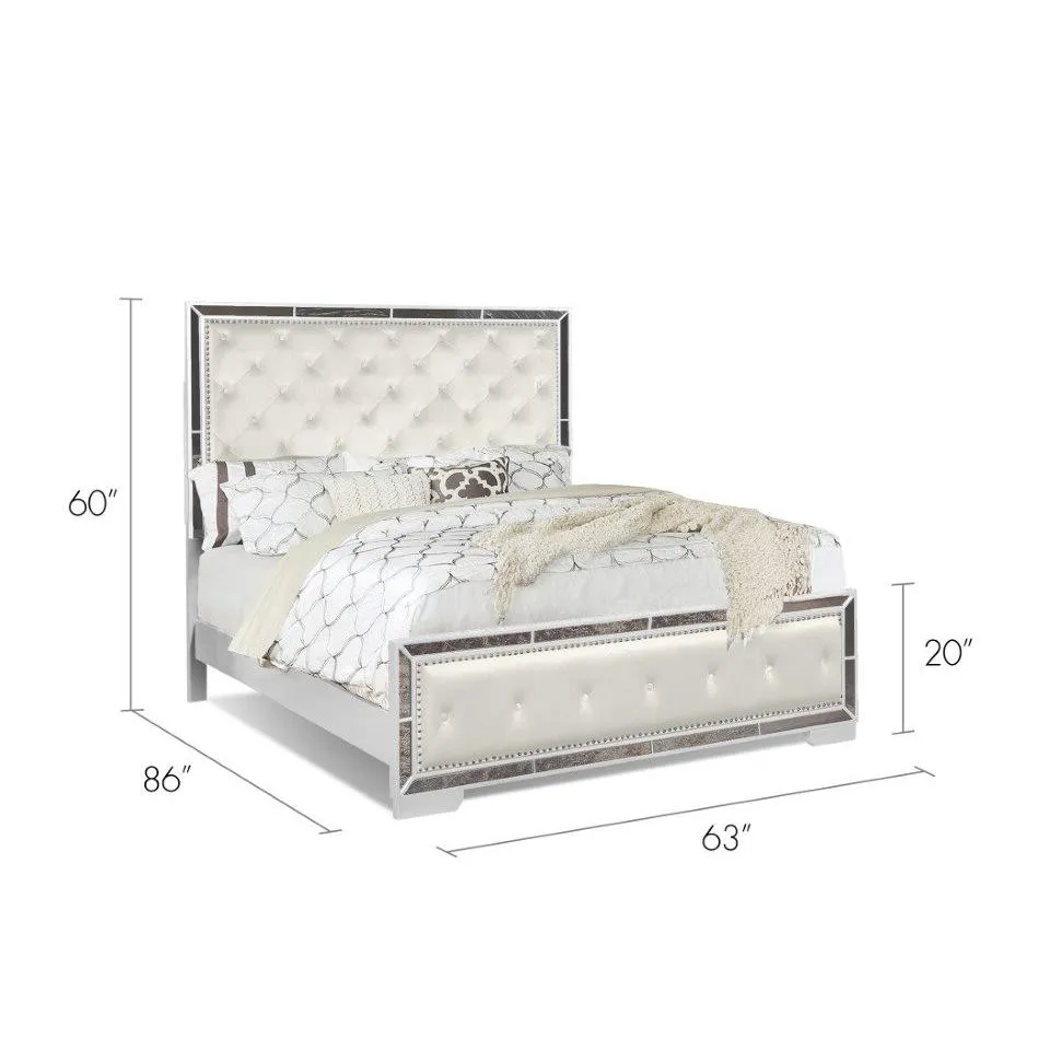 Le Anzell | Large White Queen Bed with Mirror Trim