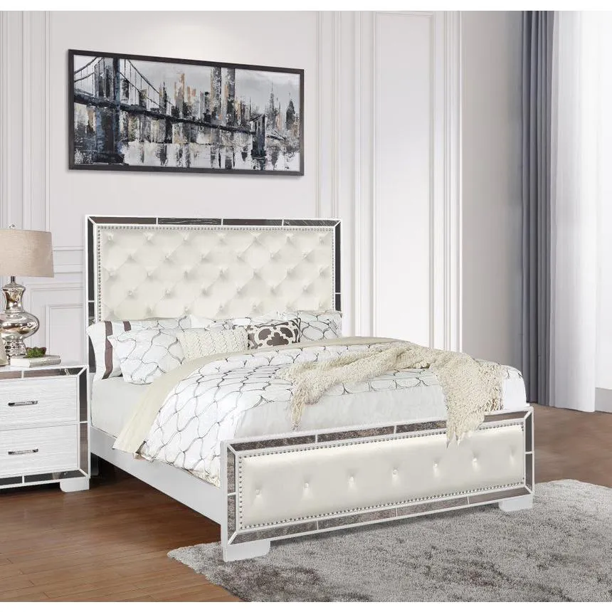 Le Anzell | Large White Queen Bed with Mirror Trim