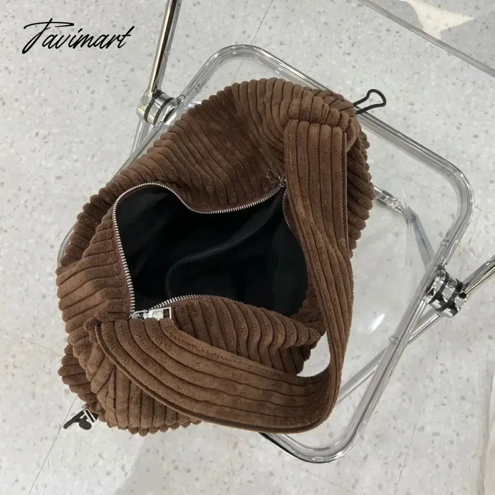 Tavimart Large Women Reusable Corduroy Shoulder Handbags Drawcord Shopping Bags Underarm Tote Bag With Zipper