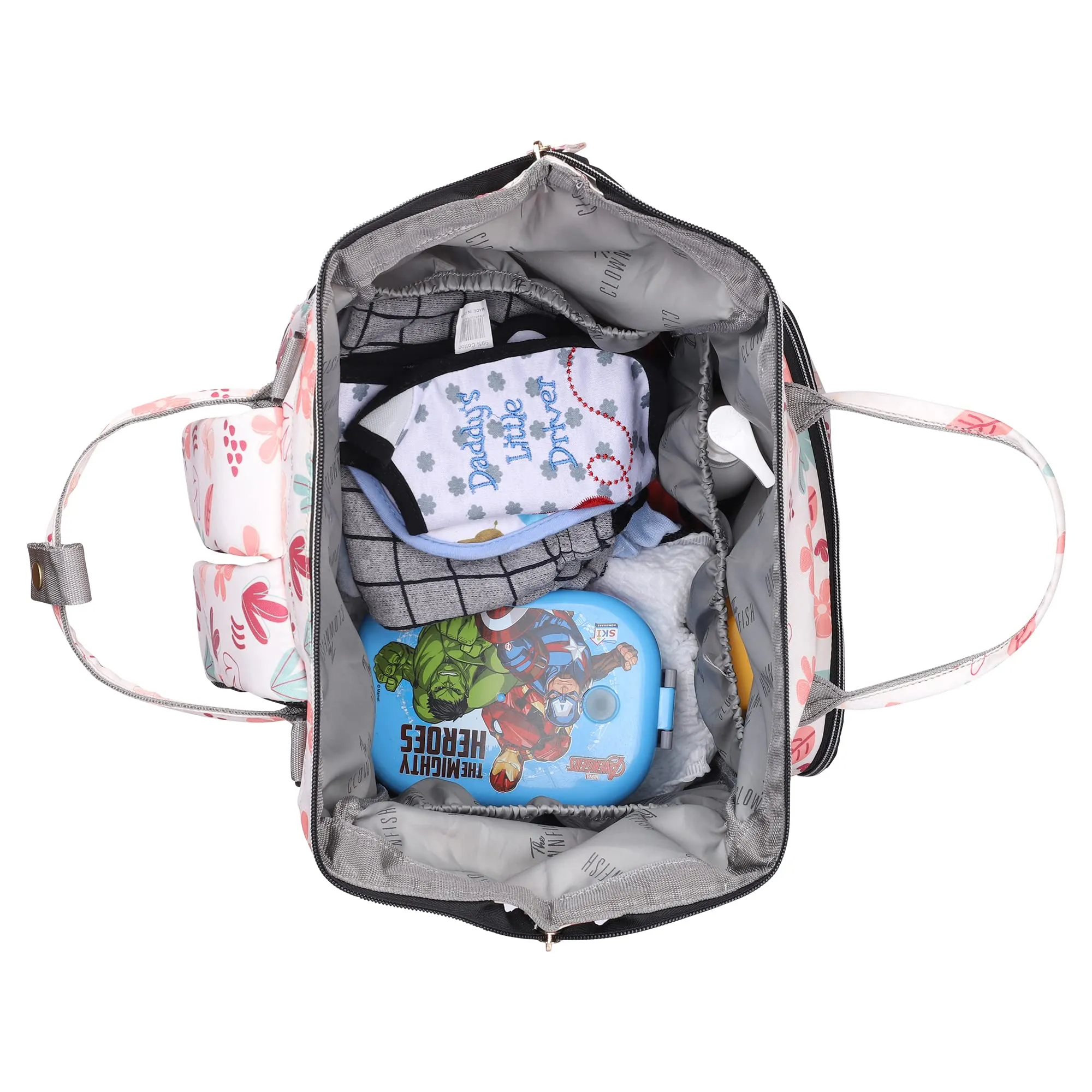 THE CLOWNFISH Baby On Board Series Multipurpose Diaper Bag/Backpack/Nappy Bag/Handbag/Maternity Bag For Baby Essentials with Bottle Organizer & Tissues Dispensing Pocket in Polyester (White)